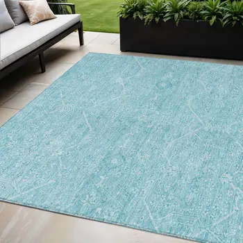 5' X 8' Sky Blue Floral Washable Indoor Outdoor Area Rug