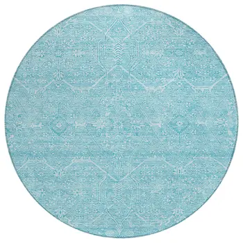 8' Sky Blue Round Floral Washable Indoor Outdoor Area Rug