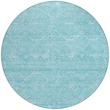 8' Sky Blue Round Floral Washable Indoor Outdoor Area Rug