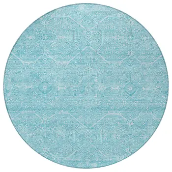 8' Sky Blue Round Floral Washable Indoor Outdoor Area Rug