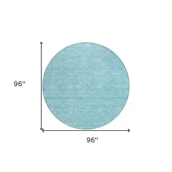 8' Sky Blue Round Floral Washable Indoor Outdoor Area Rug