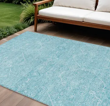 9' X 12' Sky Blue Floral Washable Indoor Outdoor Area Rug