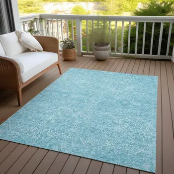 9' X 12' Sky Blue Floral Washable Indoor Outdoor Area Rug