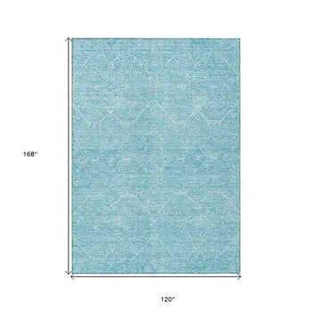 10' X 14' Sky Blue Floral Washable Indoor Outdoor Area Rug