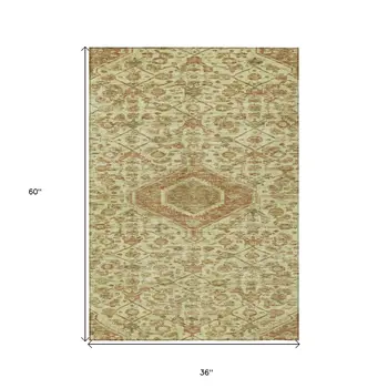 3' X 5' Beige Medallion Washable Indoor Outdoor Area Rug