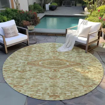 8' Beige Round Medallion Washable Indoor Outdoor Area Rug