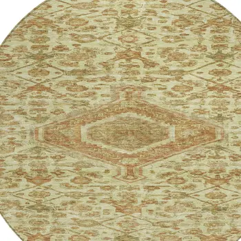 8' Beige Round Medallion Washable Indoor Outdoor Area Rug