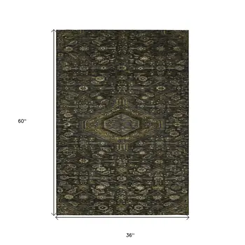 3' X 5' Charcoal Medallion Washable Indoor Outdoor Area Rug