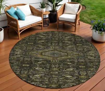 8' Charcoal Round Medallion Washable Indoor Outdoor Area Rug