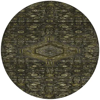 8' Charcoal Round Medallion Washable Indoor Outdoor Area Rug