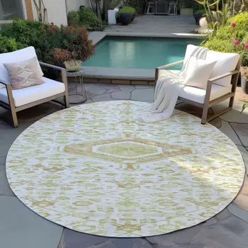 8' Ivory Round Medallion Washable Indoor Outdoor Area Rug