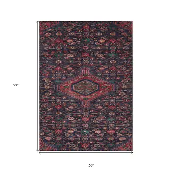 3' X 5' Navy Blue Medallion Washable Indoor Outdoor Area Rug