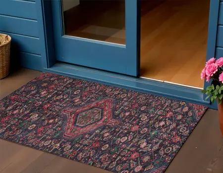3' X 5' Navy Blue Medallion Washable Indoor Outdoor Area Rug
