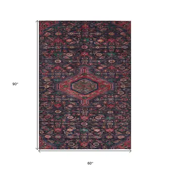 5' X 8' Navy Blue Medallion Washable Indoor Outdoor Area Rug