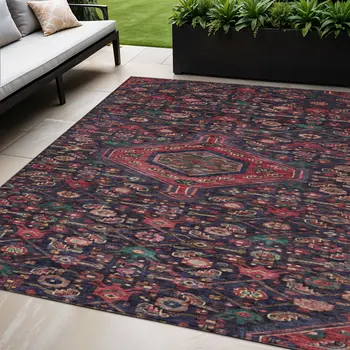 5' X 8' Navy Blue Medallion Washable Indoor Outdoor Area Rug
