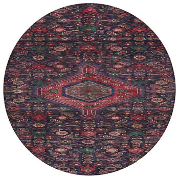 8' Navy Blue Round Medallion Washable Indoor Outdoor Area Rug