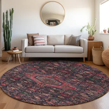 8' Navy Blue Round Medallion Washable Indoor Outdoor Area Rug