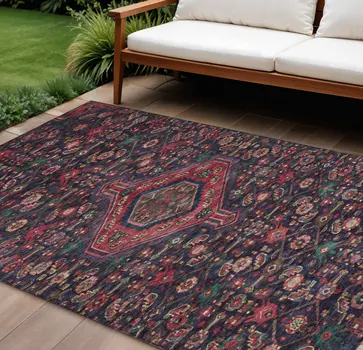 10' X 14' Navy Blue Medallion Washable Indoor Outdoor Area Rug