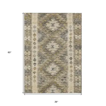 3' X 5' Beige Geometric Washable Indoor Outdoor Area Rug