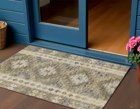 3' X 5' Beige Geometric Washable Indoor Outdoor Area Rug