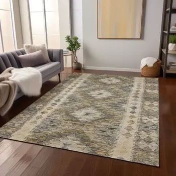 5' X 8' Beige Geometric Washable Indoor Outdoor Area Rug