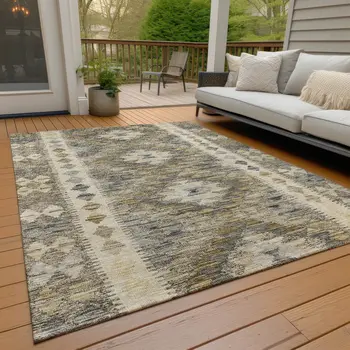 5' X 8' Beige Geometric Washable Indoor Outdoor Area Rug