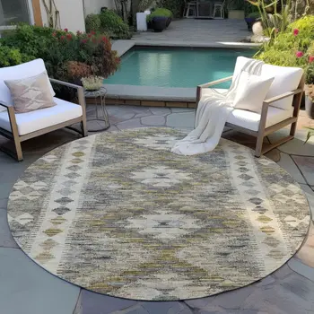 8' Beige Round Geometric Washable Indoor Outdoor Area Rug