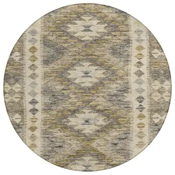 8' Beige Round Geometric Washable Indoor Outdoor Area Rug