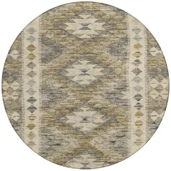 8' Beige Round Geometric Washable Indoor Outdoor Area Rug