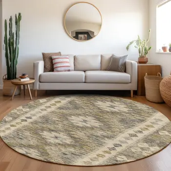 8' Beige Round Geometric Washable Indoor Outdoor Area Rug