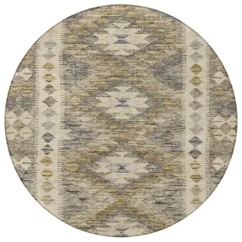 8' Beige Round Geometric Washable Indoor Outdoor Area Rug