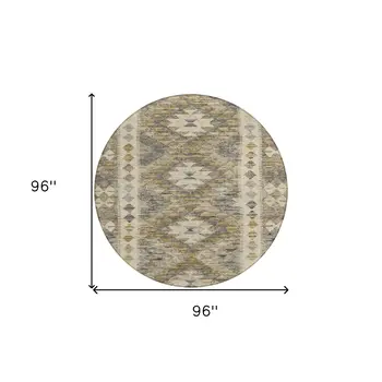 8' Beige Round Geometric Washable Indoor Outdoor Area Rug