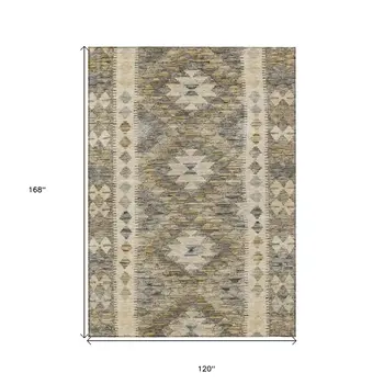 10' X 14' Beige Geometric Washable Indoor Outdoor Area Rug