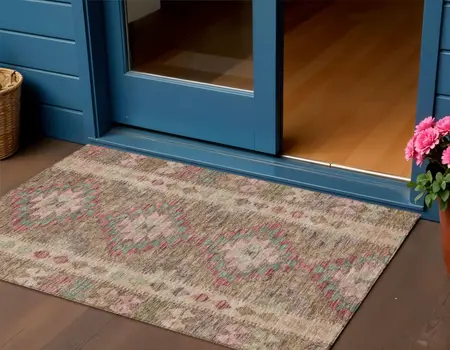 3' X 5' Brown Geometric Washable Indoor Outdoor Area Rug
