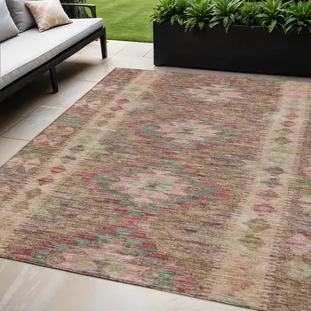 5' X 8' Brown Geometric Washable Indoor Outdoor Area Rug