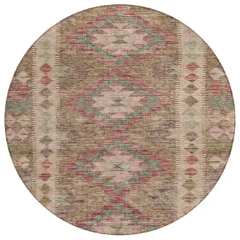 8' Brown Round Geometric Washable Indoor Outdoor Area Rug