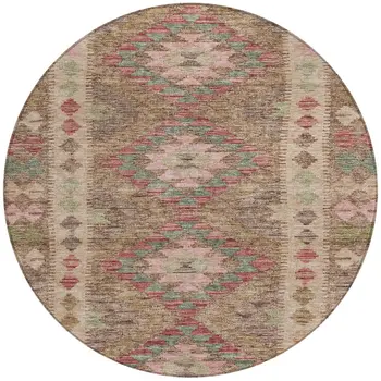 8' Brown Round Geometric Washable Indoor Outdoor Area Rug