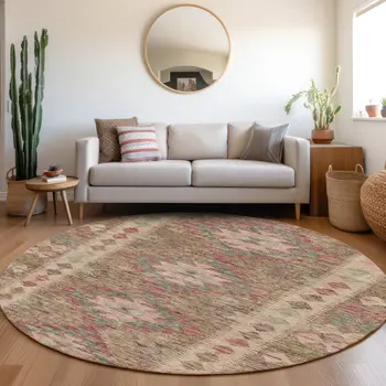 8' Brown Round Geometric Washable Indoor Outdoor Area Rug