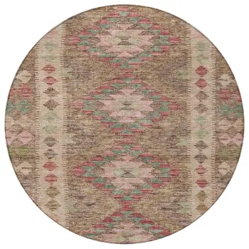 8' Brown Round Geometric Washable Indoor Outdoor Area Rug