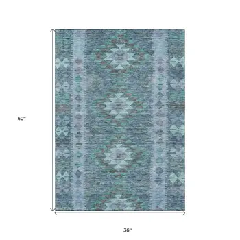 3' X 5' Blue Geometric Washable Indoor Outdoor Area Rug