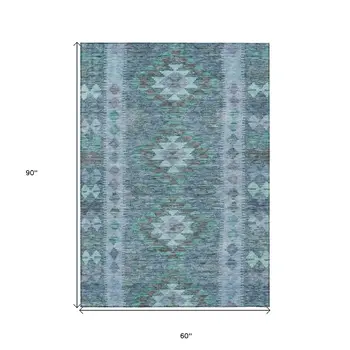 5' X 8' Blue Geometric Washable Indoor Outdoor Area Rug