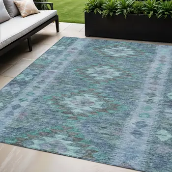 5' X 8' Blue Geometric Washable Indoor Outdoor Area Rug