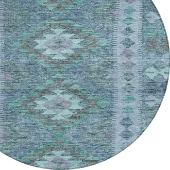 8' Blue Round Geometric Washable Indoor Outdoor Area Rug