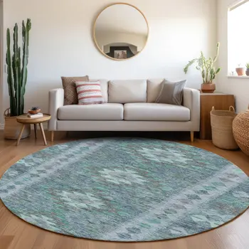 8' Blue Round Geometric Washable Indoor Outdoor Area Rug