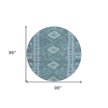 8' Blue Round Geometric Washable Indoor Outdoor Area Rug