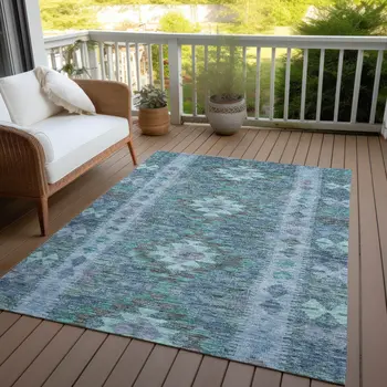 8' X 10' Blue Geometric Washable Indoor Outdoor Area Rug