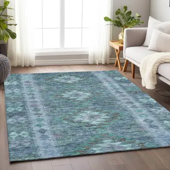 8' X 10' Blue Geometric Washable Indoor Outdoor Area Rug