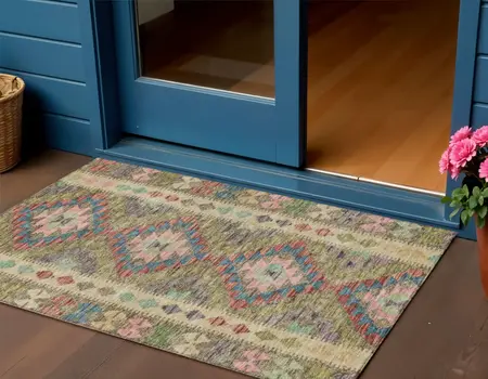 3' X 5' Green Geometric Washable Indoor Outdoor Area Rug