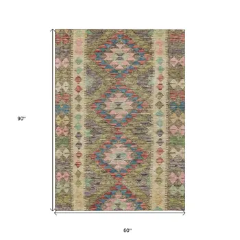5' X 8' Green Geometric Washable Indoor Outdoor Area Rug