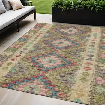 5' X 8' Green Geometric Washable Indoor Outdoor Area Rug